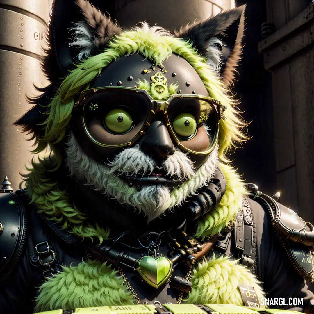 Cat with green hair and glasses on a street corner in a costume and leather outfit