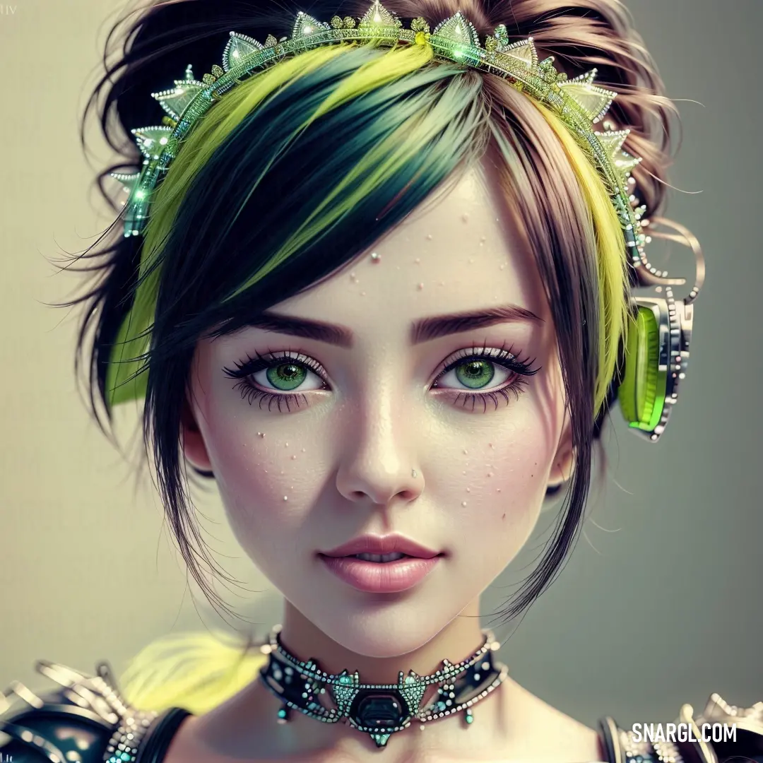 Digital painting of a woman with green hair and a tiara on her head and green eyes