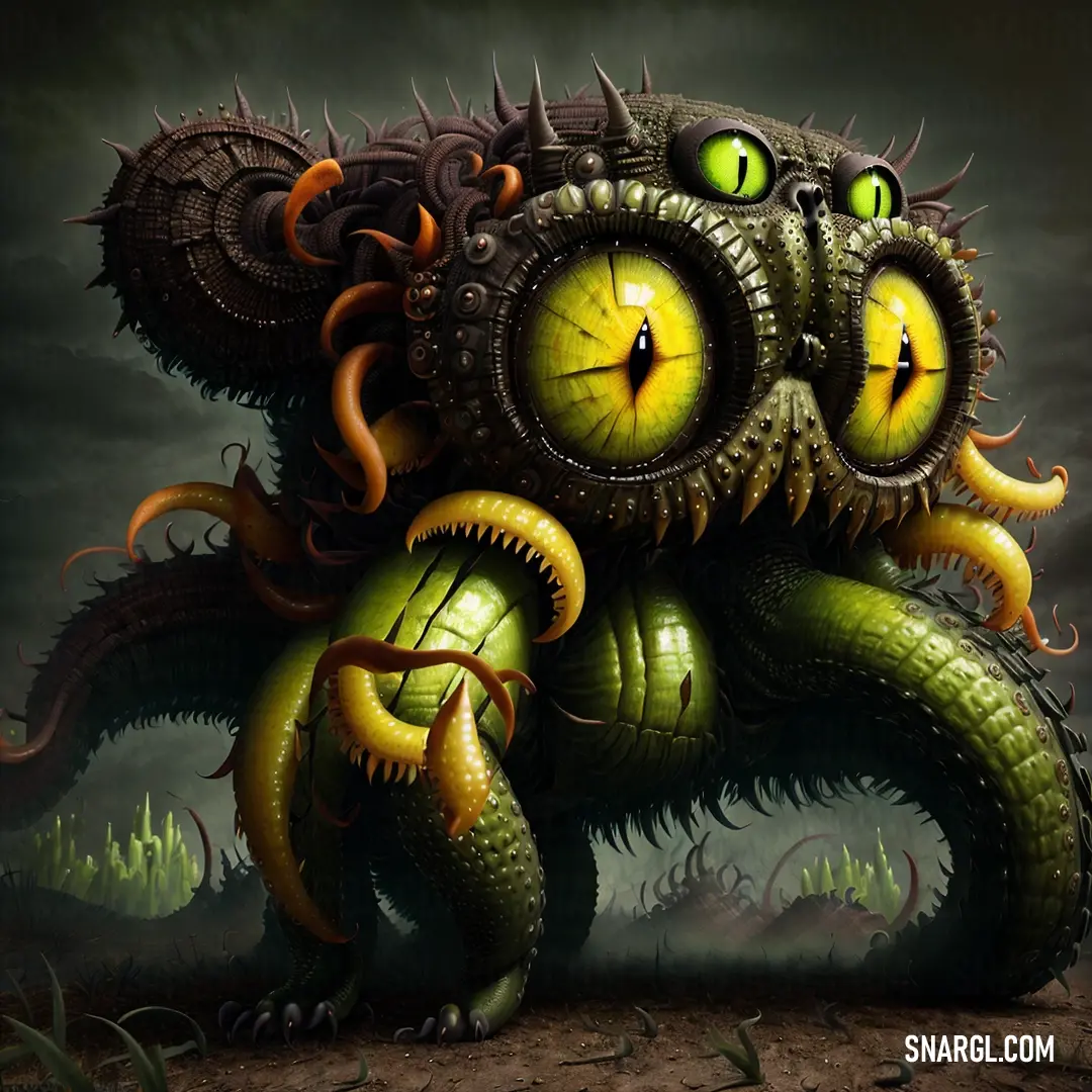 Green and yellow creature with large eyes and a large body of snakes around it's neck and legs. Example of CMYK 25,0,100,0 color.