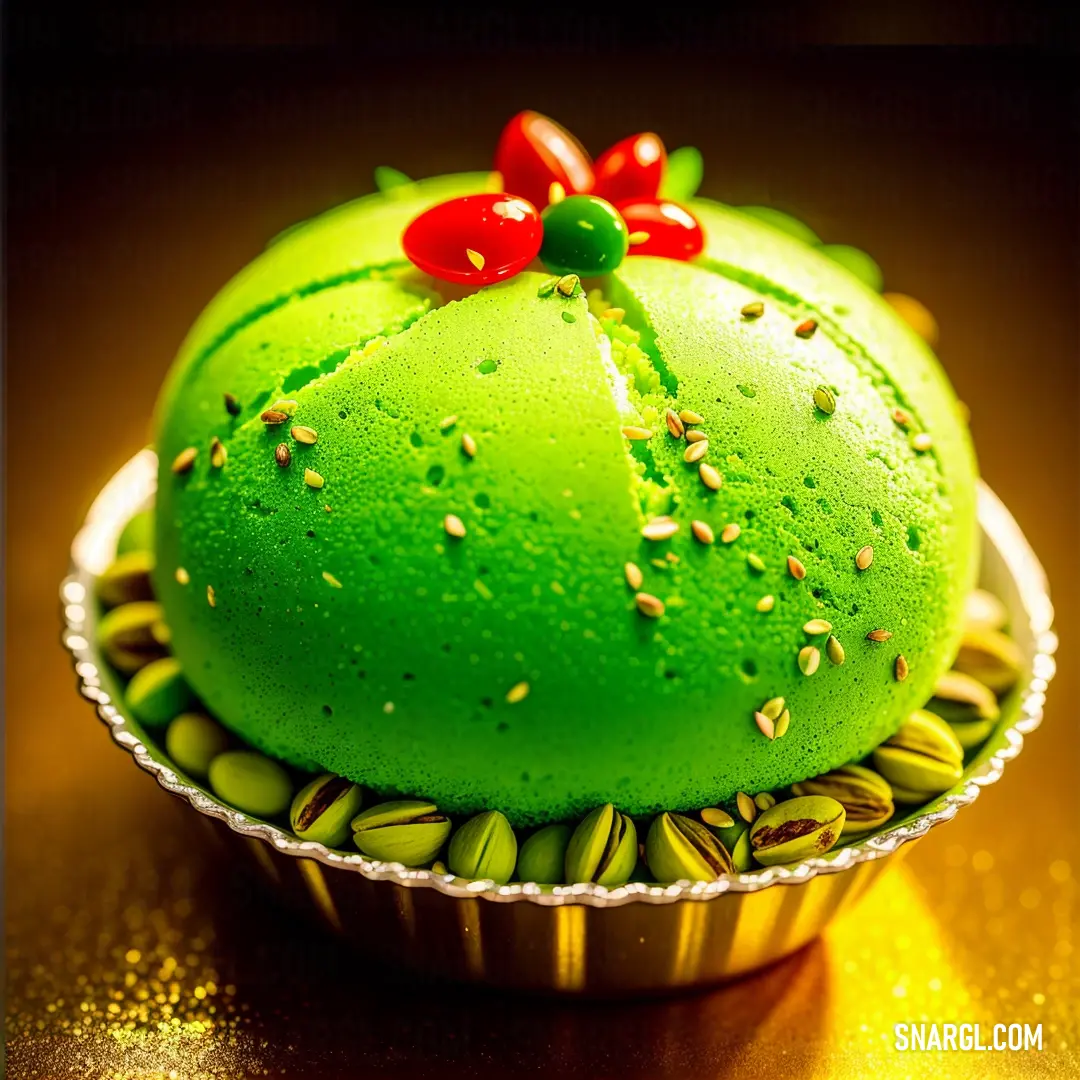 Green cupcake with a red bow on top of it on a table with gold glitters and a black background