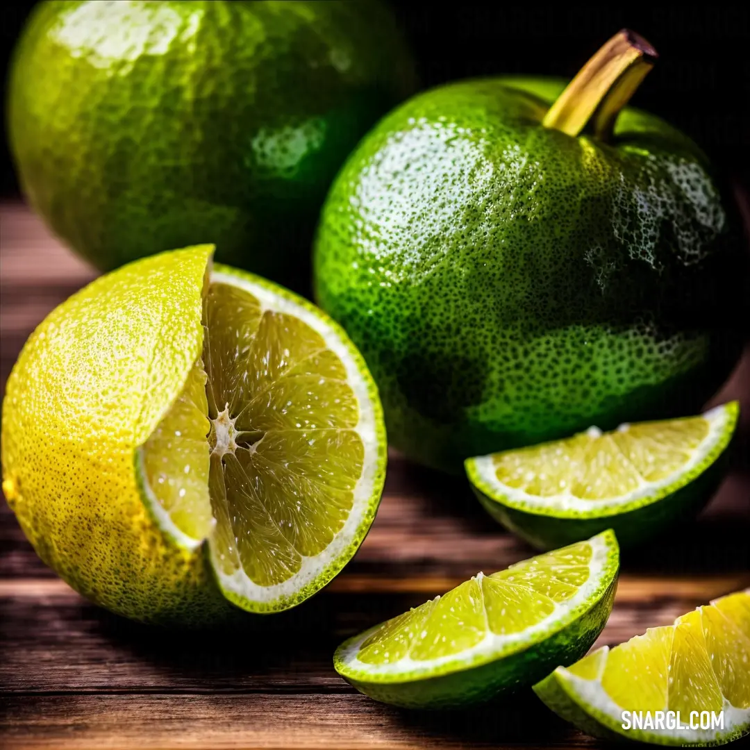 Group of limes cut in half on a table with one lime cut in half and one lime cut in half. Example of #BFFF00 color.