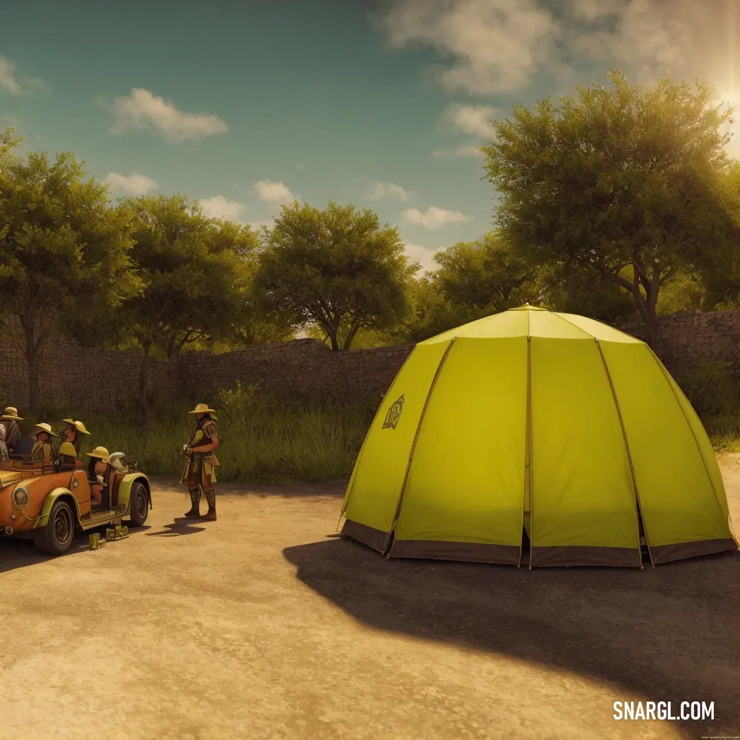 Group of people standing around a tent in the middle of a field with a car parked next to it