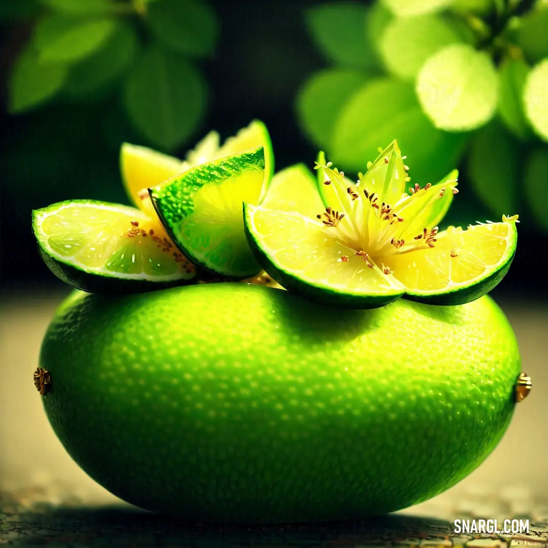 Lime with slices of lime and a flower on top of it on a table with leaves and flowers