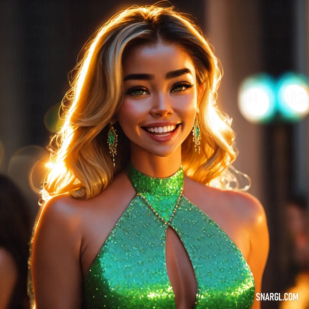 Woman in a green dress smiling at the camera with a green light behind her