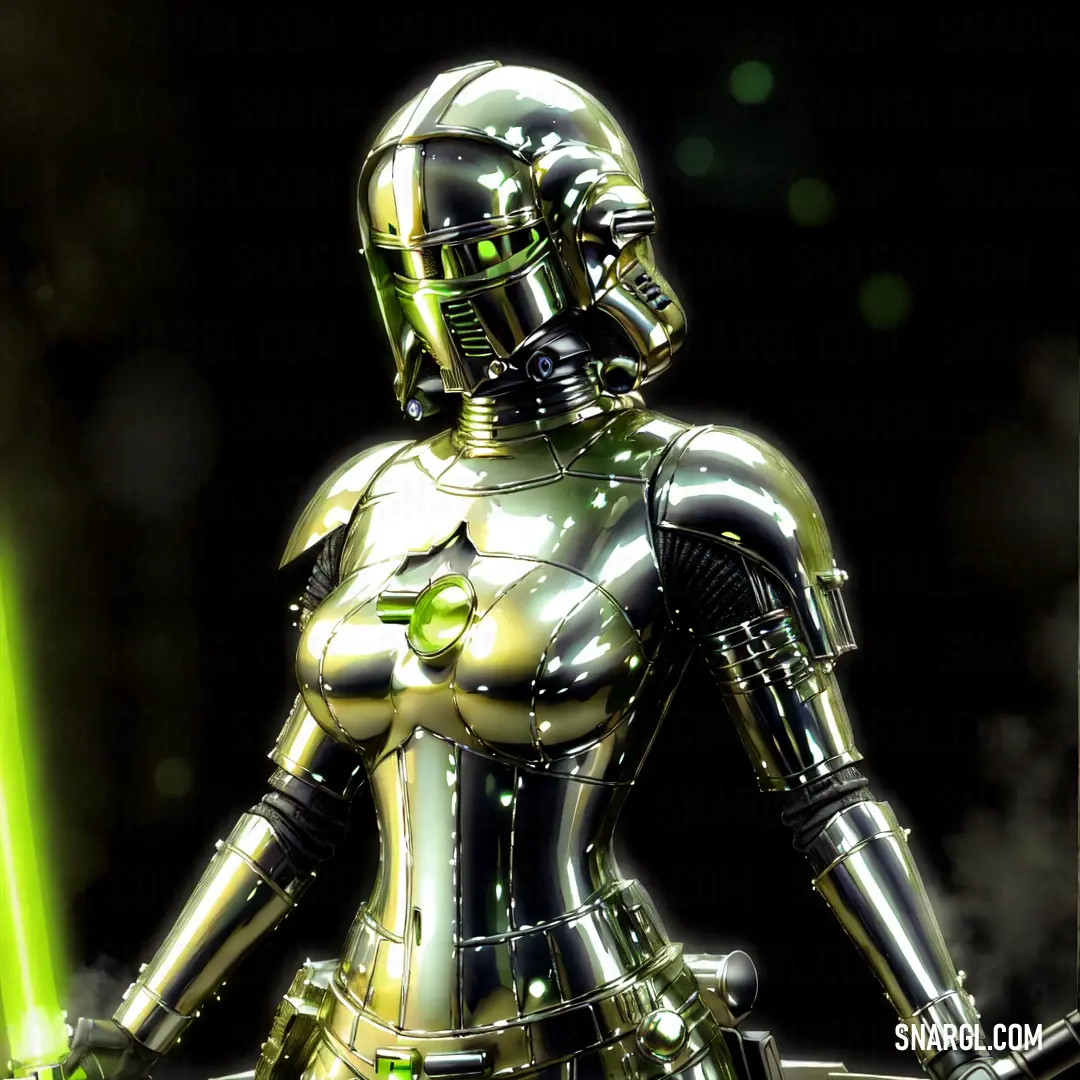 Woman in a metallic outfit holding a green light saber in her hand and a black background behind her