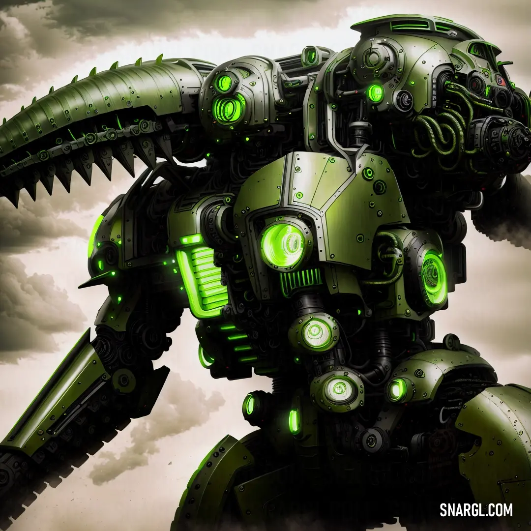 Green and black robot with green eyes and a large head with a large body with a large head