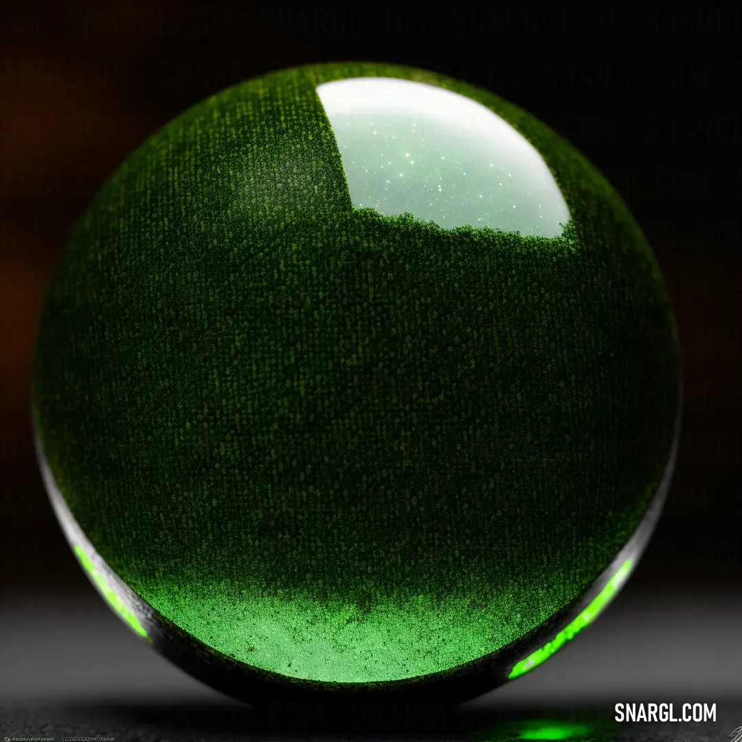 Green ball on top of a table next to a black background with a green light on it