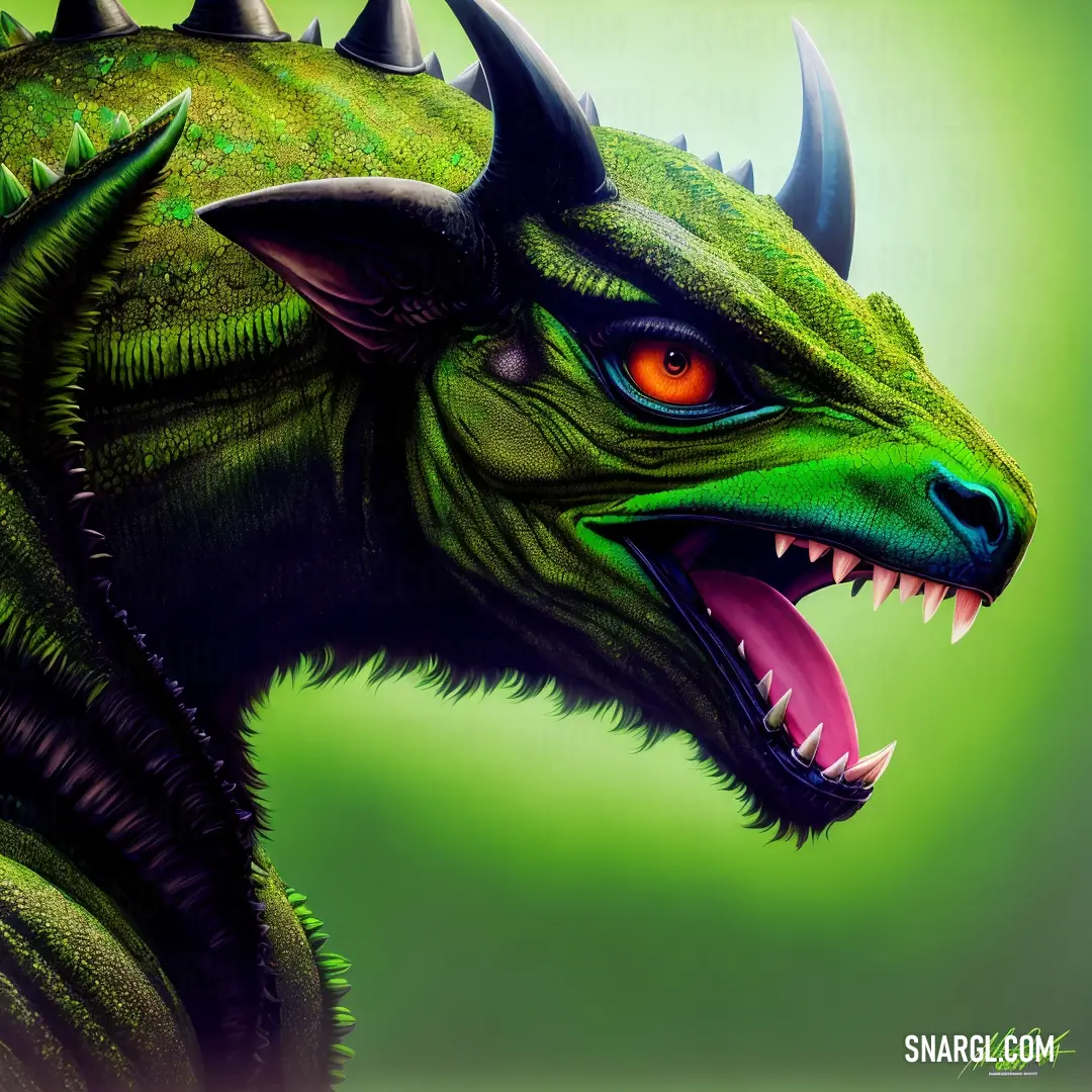 Green dragon with orange eyes and horns with sharp teeth