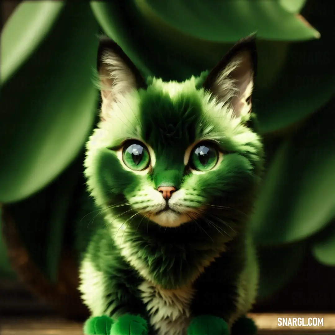 Green kitten with blue eyes in front of a plant with green leaves on it's sides