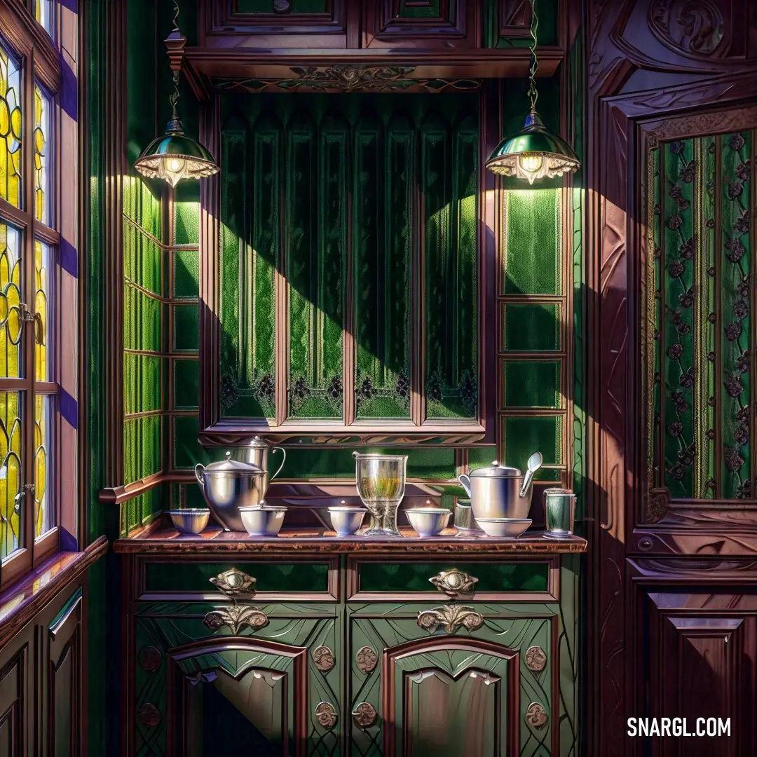 Kitchen with a green wall and stained glass windows and a green cabinet with a sink. Color Lincoln green.