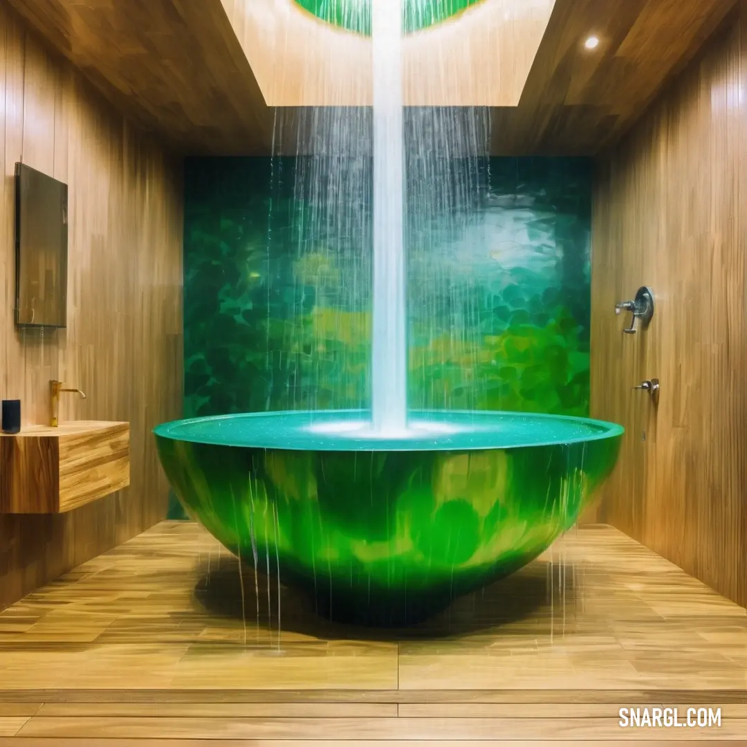 Lincoln green color example: Large green bowl with a waterfall coming out of it in a bathroom with wood floors and walls