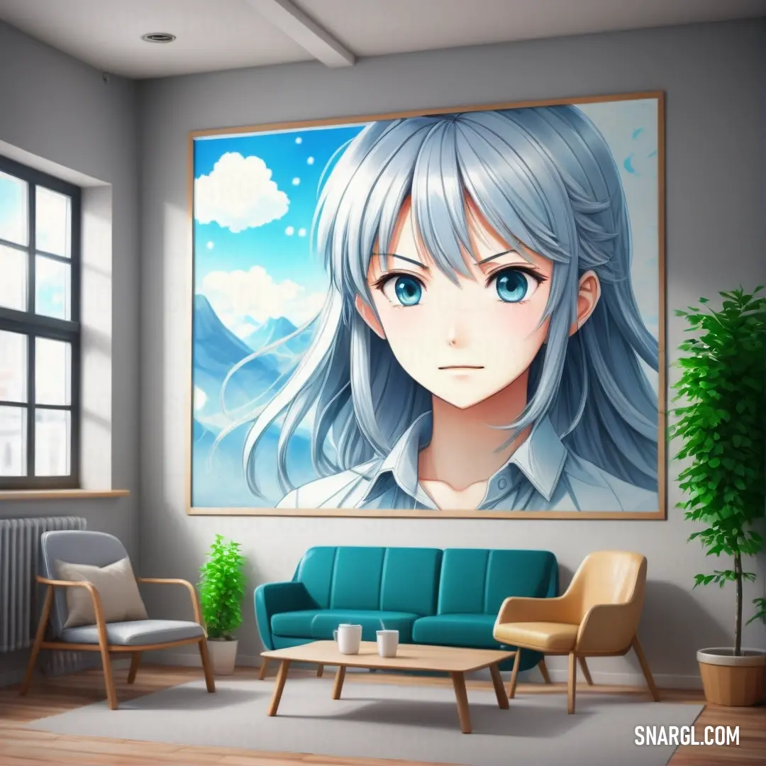 Lincoln green color. Living room with a couch and a painting on the wall above it that has a blue - eyed girl