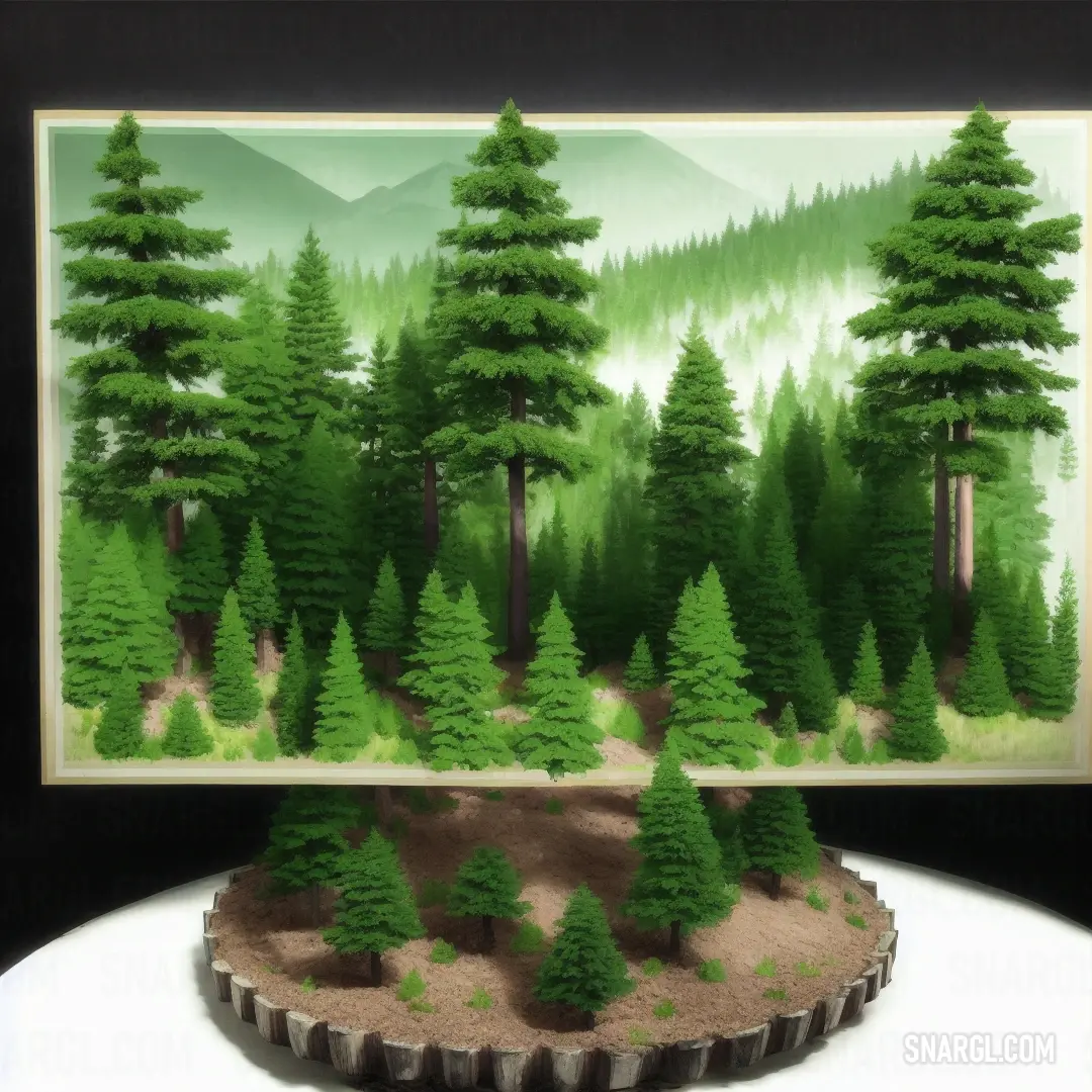 Picture of a forest with trees and a dirt area in front of it with a mountain in the background. Color RGB 25,89,5.