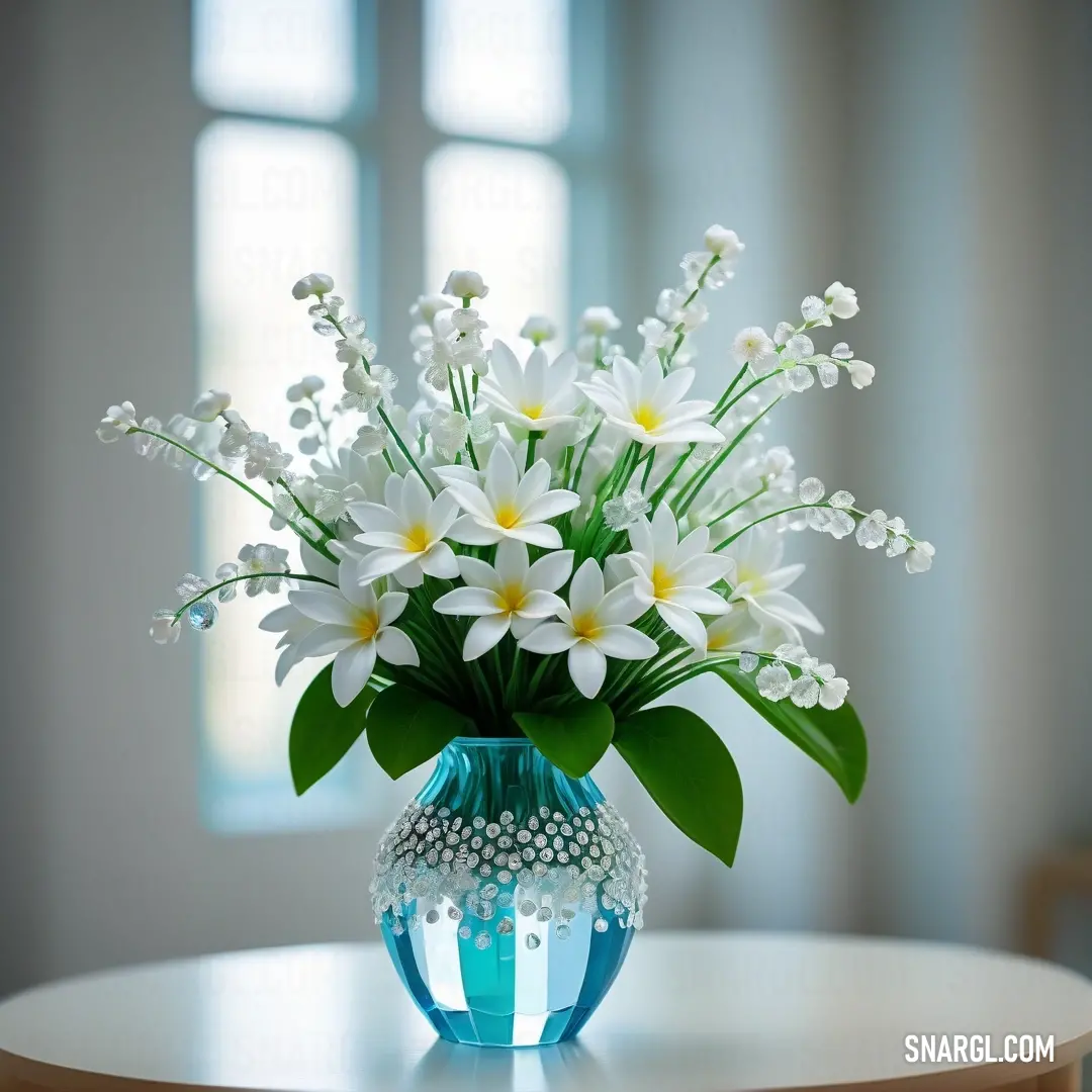 Lincoln green color. Vase with white flowers on a table in front of a window with a blue vase on it