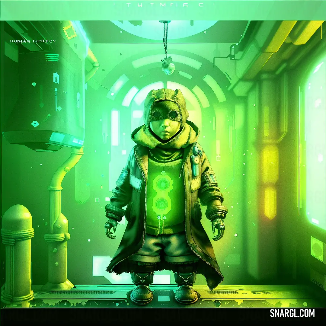Man in a green space suit and a green light in the background is a green light