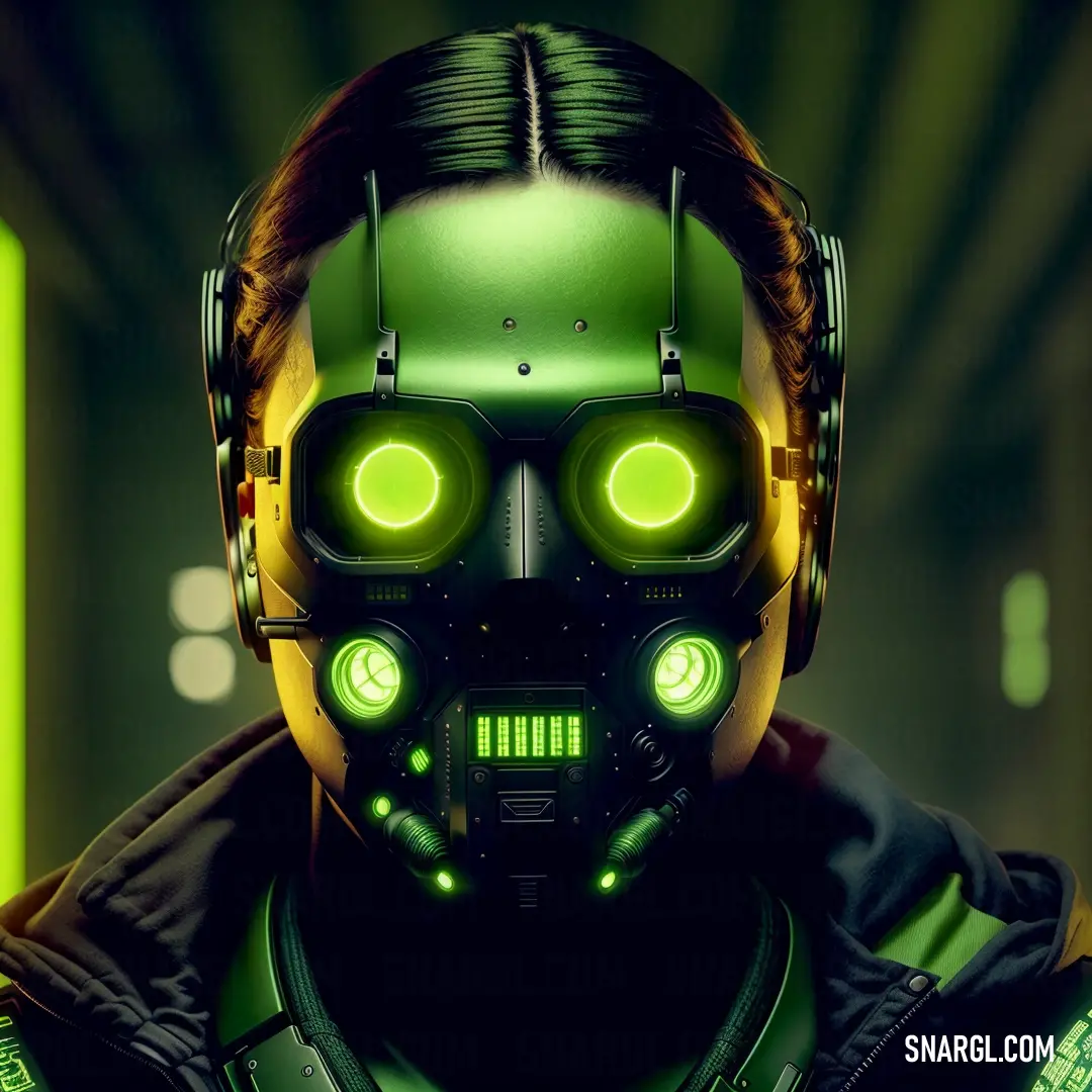 Man with glowing green eyes and a gas mask on his face