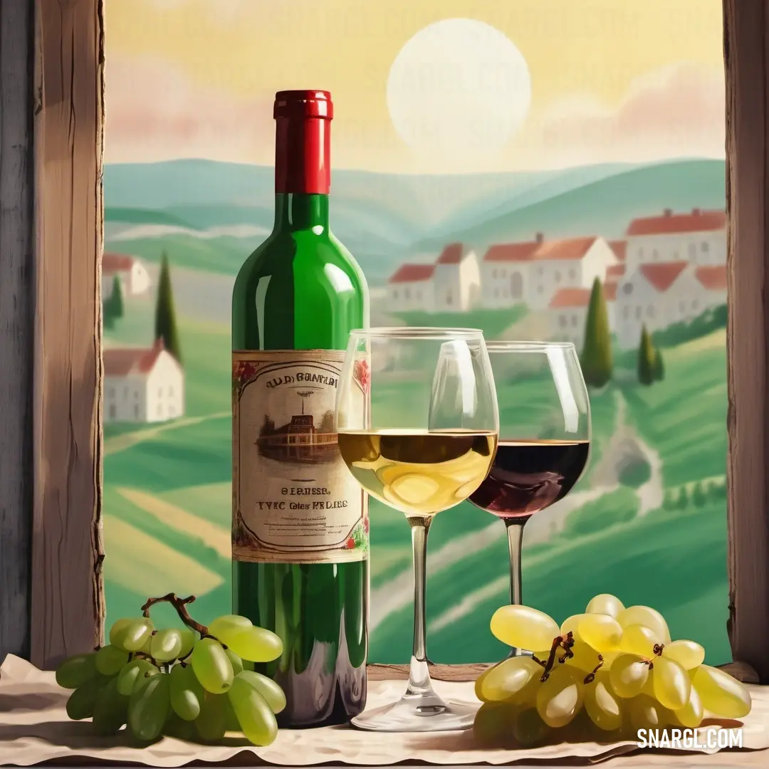 Painting of a bottle of wine and two glasses of wine with grapes on a table with a view of a countryside. Example of #195905 color.