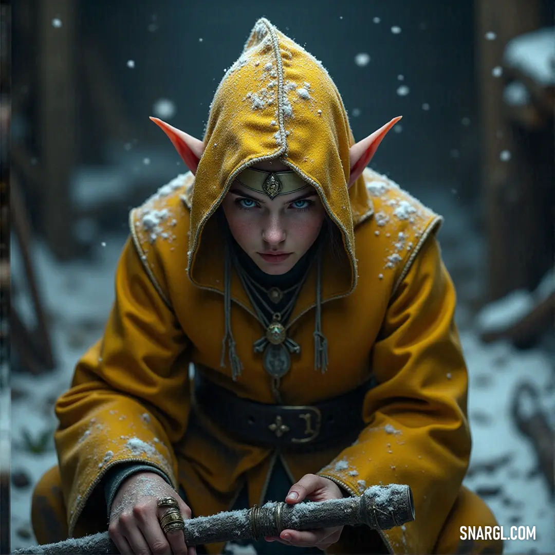 Lindir dressed in a yellow outfit and horned headdress holding a stick in the snow with snow falling on her