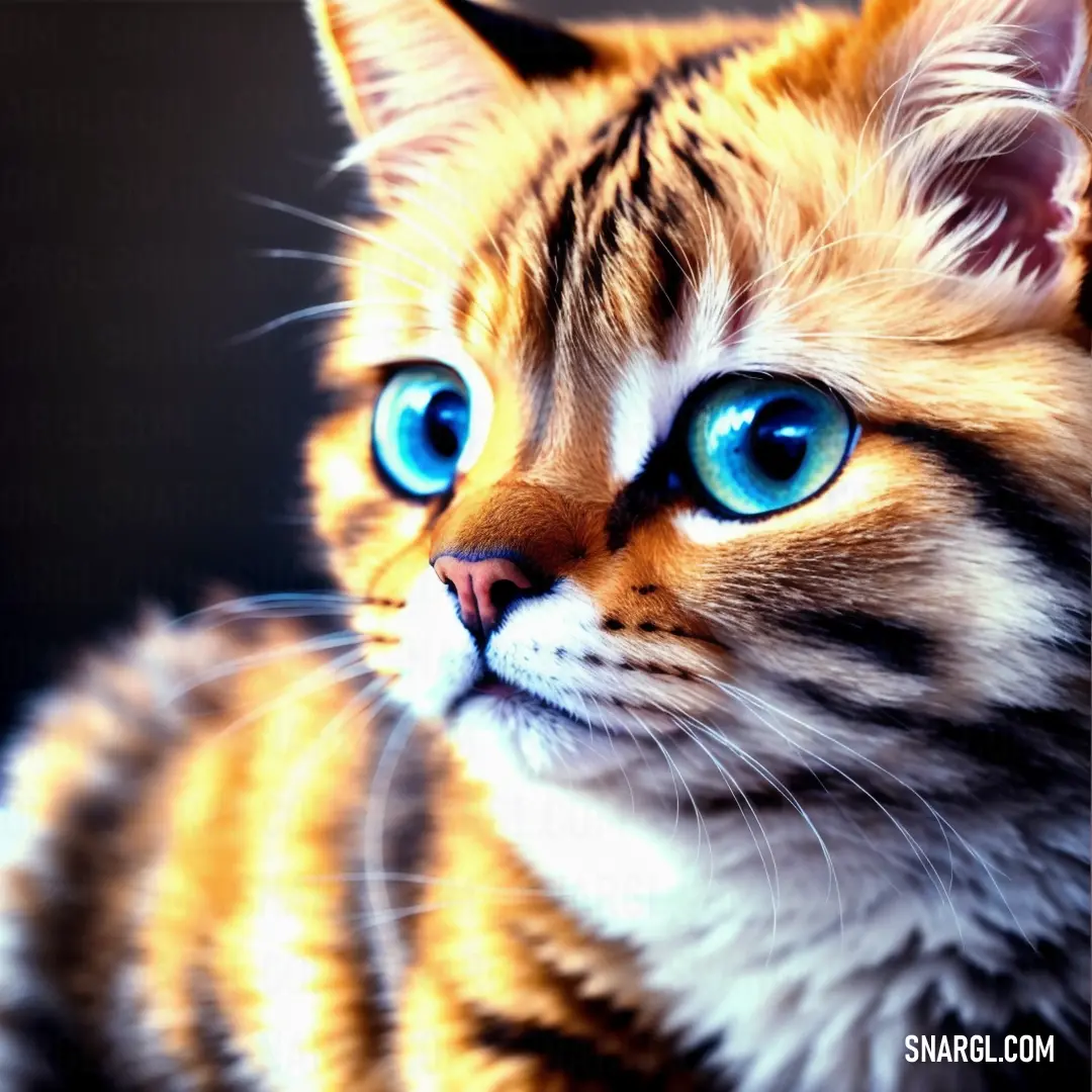Cat with blue eyes looking up at something in the distance with a blurry background of the image