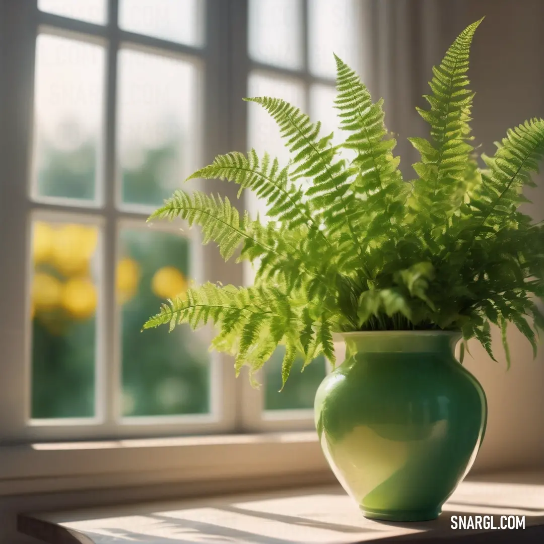 Green vase with a fern in it on a table near a window with sunlight streaming through it and a yellow flower. Example of RGB 250,240,230 color.