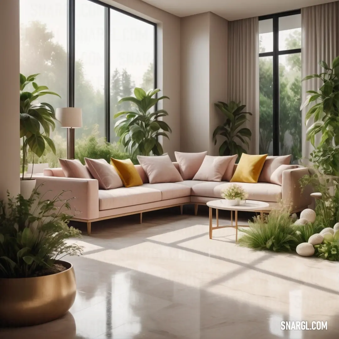 Living room with a large window and a couch in it with a plant on the side of the couch. Example of Linen color.