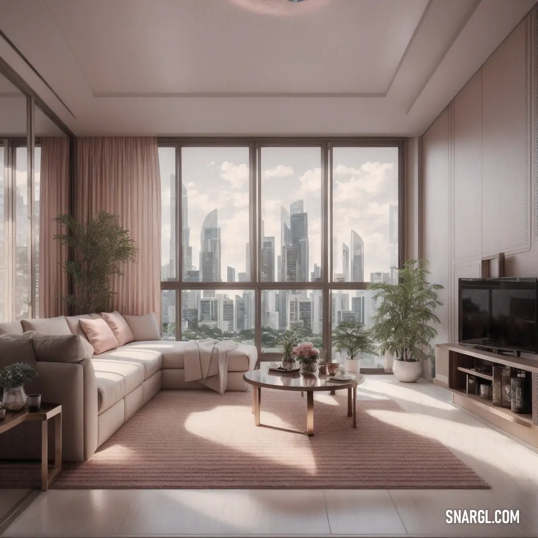 Living room with a couch, coffee table and a large window with city view in the background. Example of Linen color.