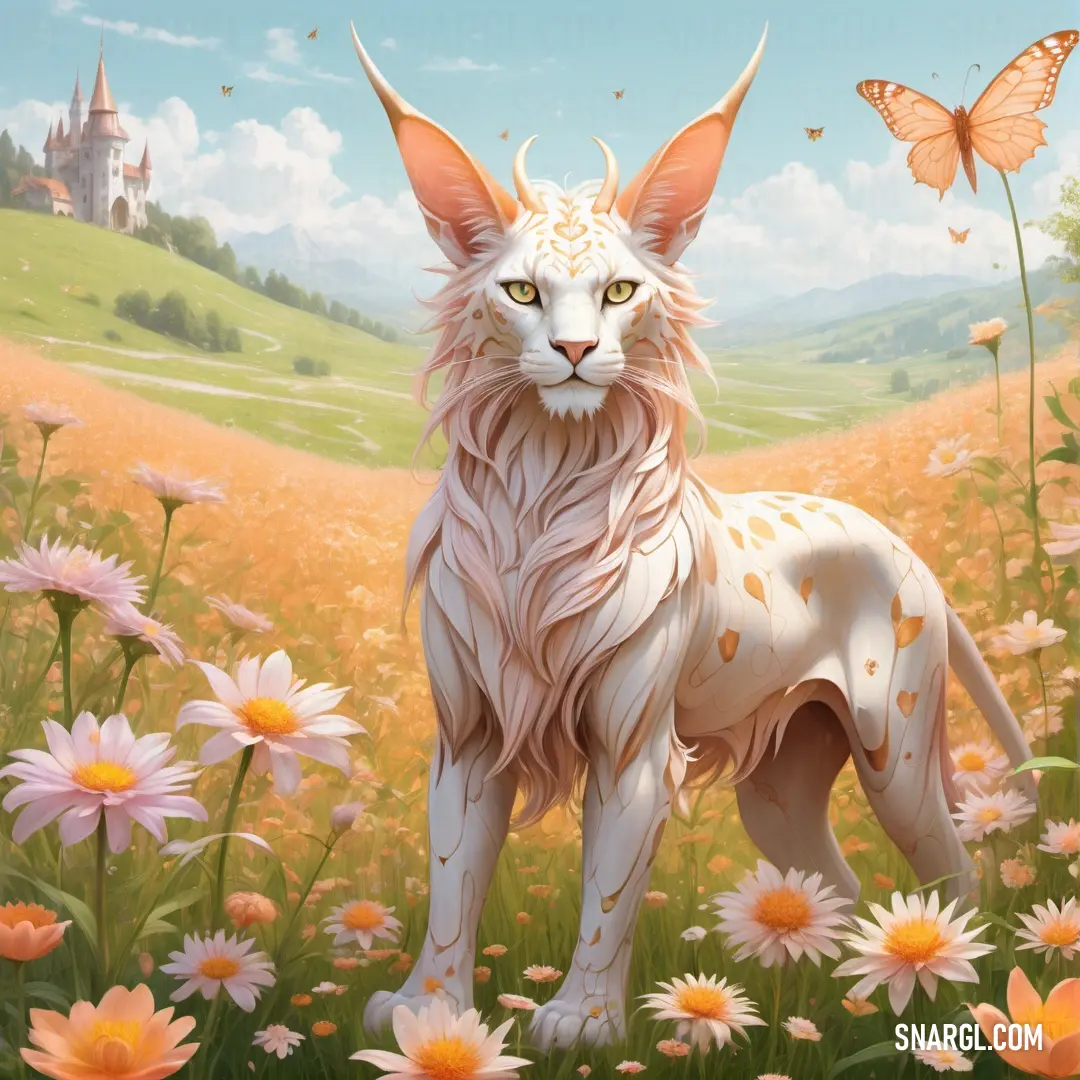Painting of a cat in a field of flowers with a butterfly flying overhead in the background of a painting of a castle
