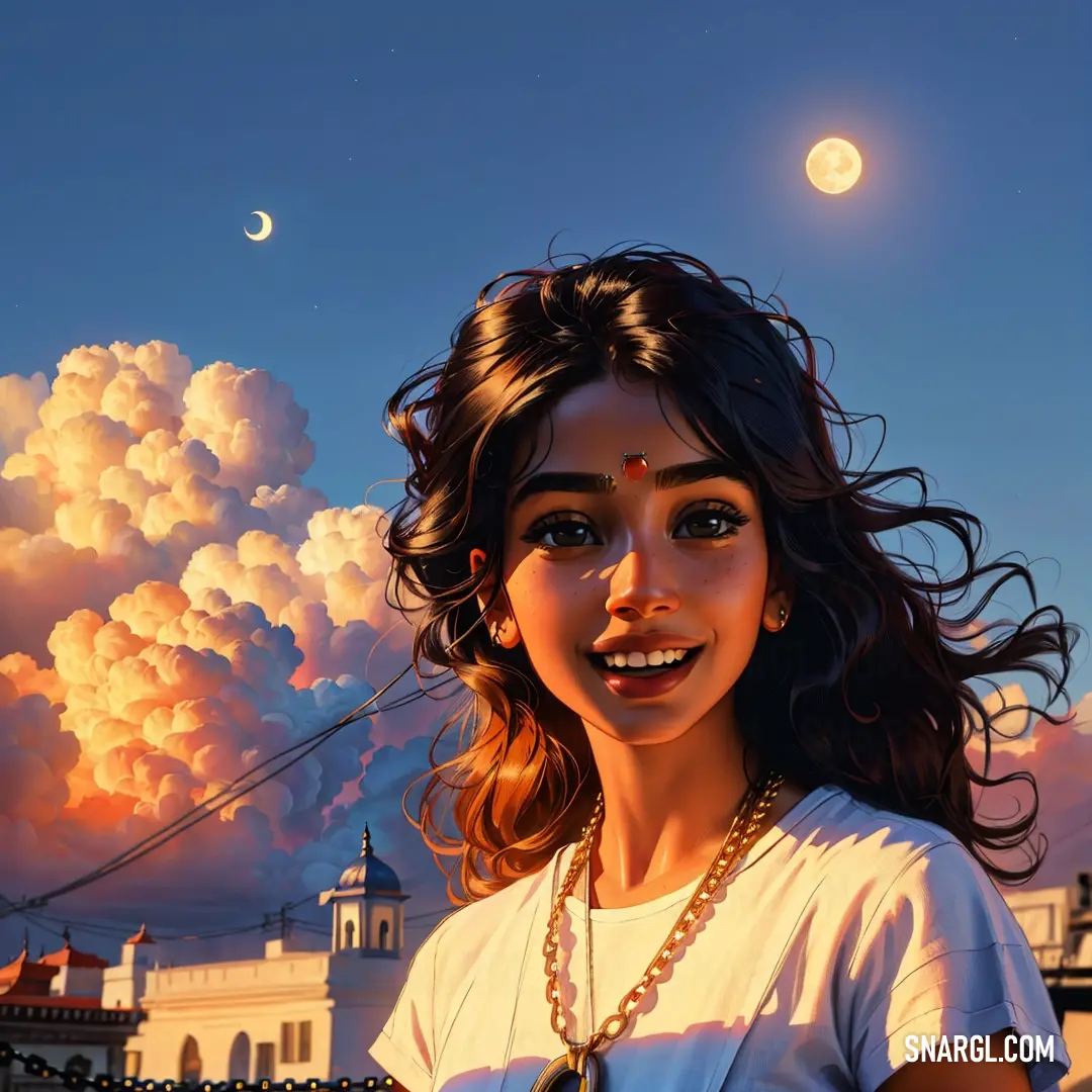 Painting of a woman with a necklace and a crescent moon in the background with clouds and a building