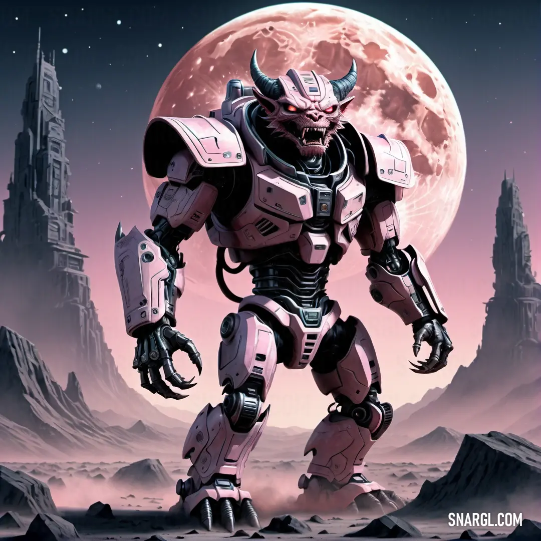Robot with a huge head standing in front of a full moon and a mountain landscape with a castle