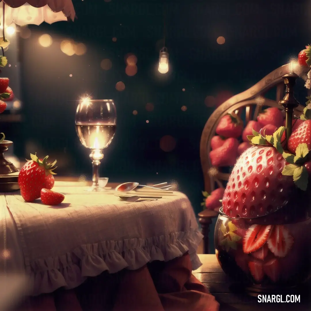 Table with a glass of wine and a plate of strawberries on it with lights in the background