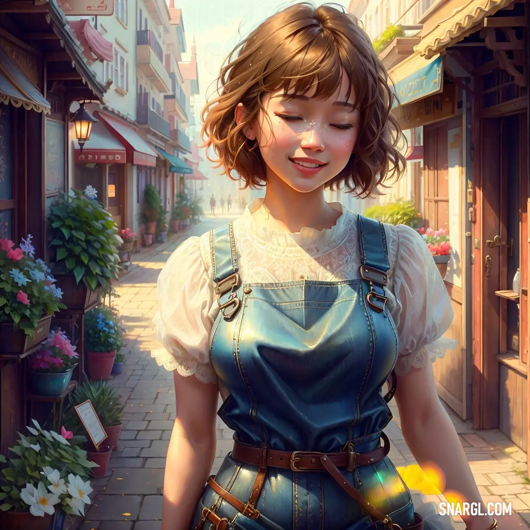 Woman in a blue dress is standing in a street with flowers and buildings in the background and a sun shining through her eyes