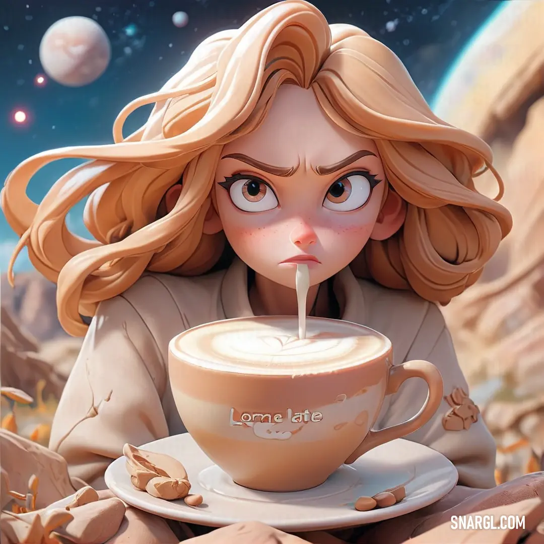 Woman in front of a cup of coffee with a liquid pouring out of it's mouth