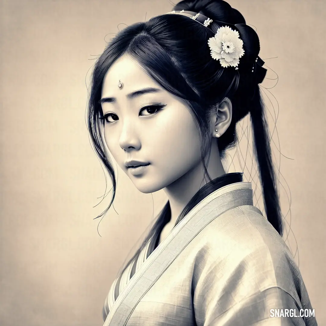 Woman with a bun in her hair and a flower in her hair is looking at the camera and is wearing a kimono