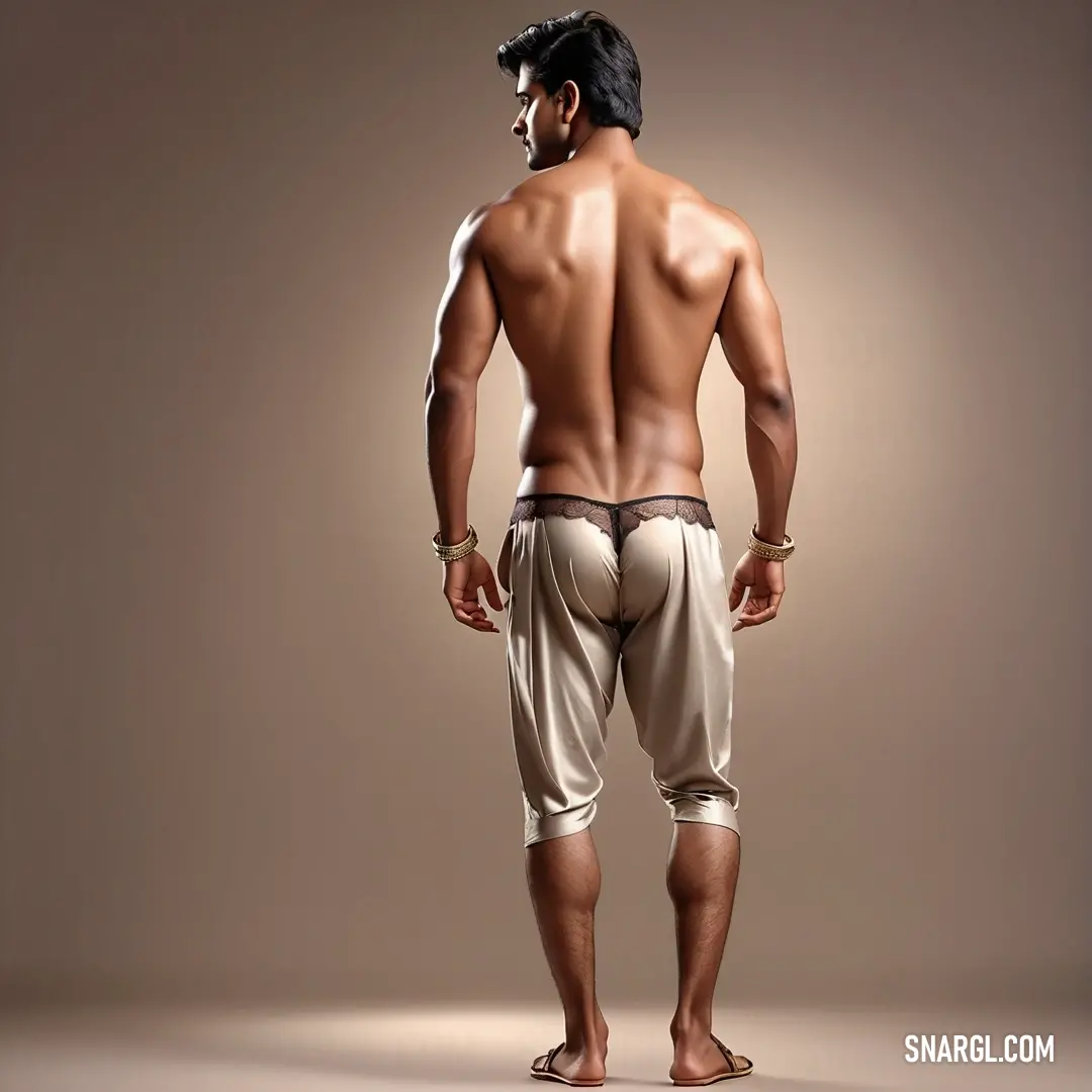 Man in a underwear standing in a pose with his back turned to the camera and his right leg up