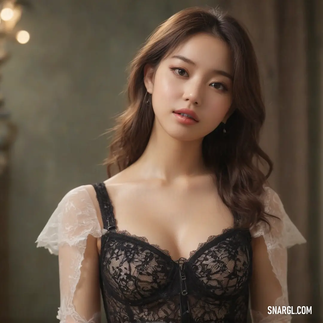 Woman in a black bra with a lacy top on her chest and a black bra with a lace overlay