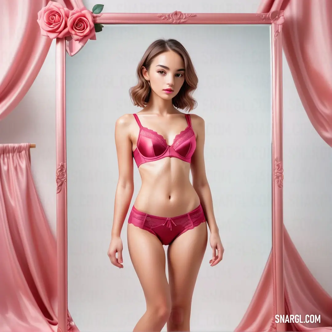 Woman in a pink bra and panties standing in front of a mirror with a rose on it's side
