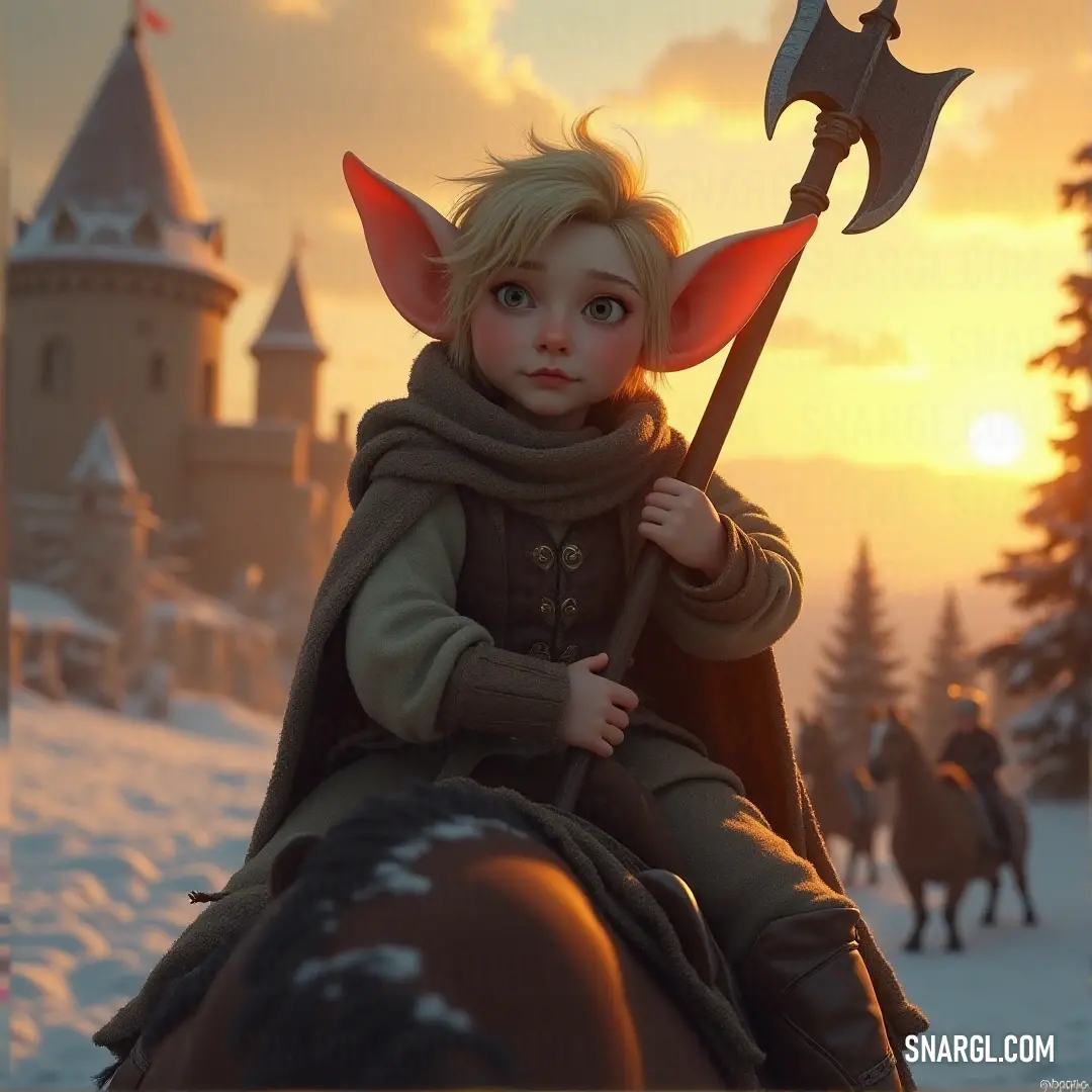Lini Greenhill rides a majestic horse, gripping a hammer in one hand. The glowing light of the setting sun casts a golden hue over the scene, as she charges forward with purpose, the horse's hooves pounding the earth beneath her.