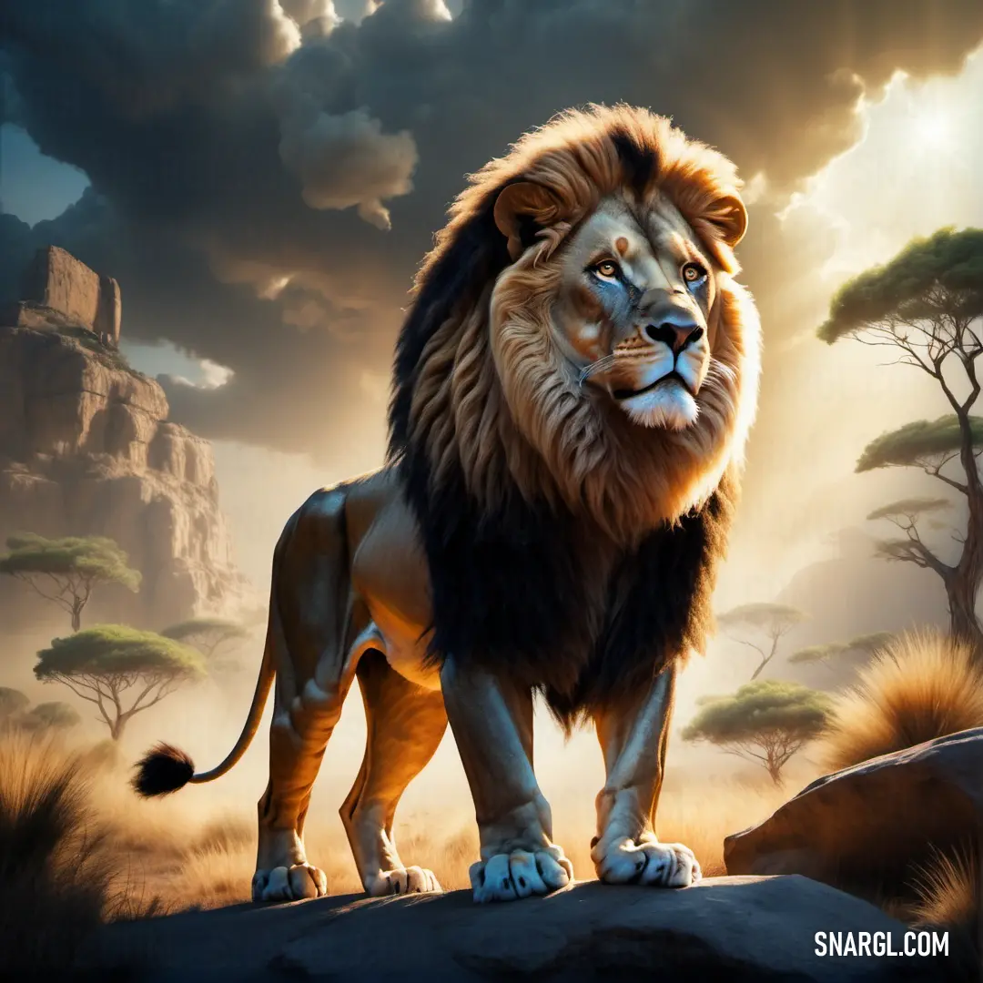 A regal lion stands boldly on a rock in a field of green, framed by trees and an open sky that highlights its imposing presence. A powerful lion stands tall on a rocky outcrop in a vast field, surrounded by a lush landscape of grass and trees, with an expansive sky above that adds to the sense of its majesty.