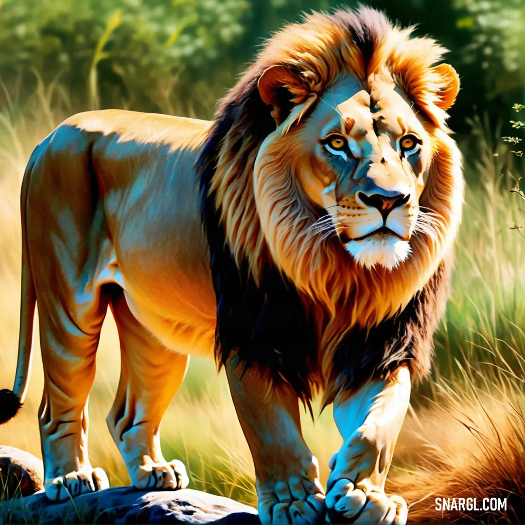 A lion commands a rocky perch in a sunlit field, surrounded by trees and forest, its presence dominating the landscape. A lion stands proudly atop a rock in the midst of a grassy field, framed by towering trees and the dense forest in the distance, the scene bathed in golden light.
