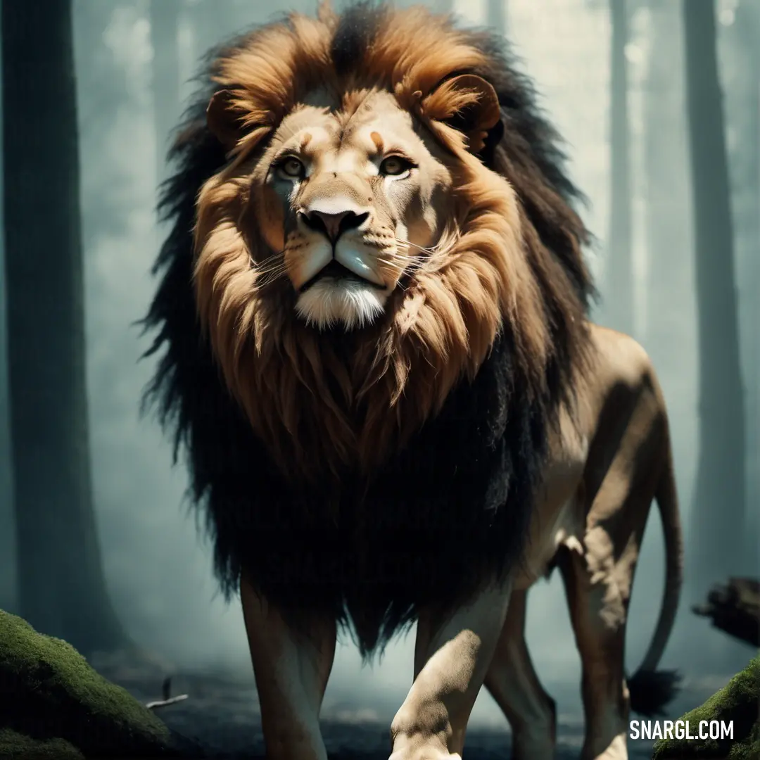 A lion strides confidently through a dense forest, its powerful form moving through the underbrush, with another lion following closely behind, creating a dynamic sense of movement.