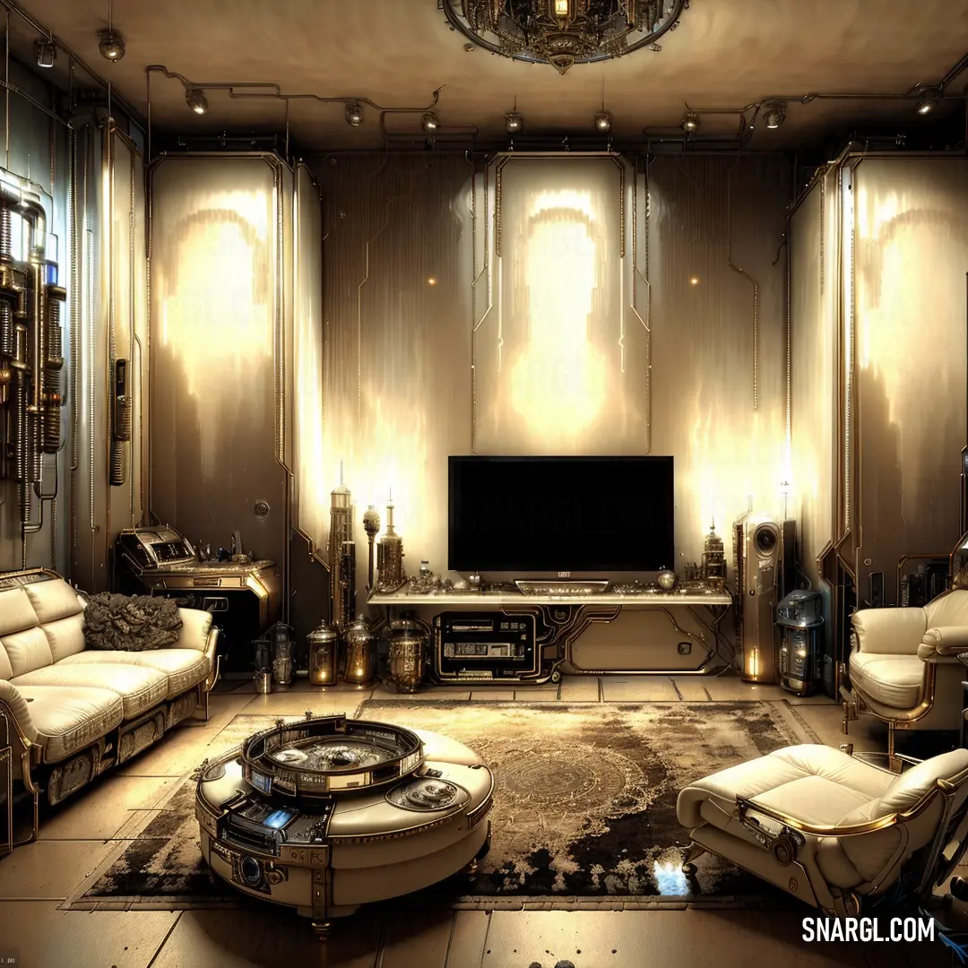Living room with a large tv and a couch and a chair and a rug on the floor and a chandelier