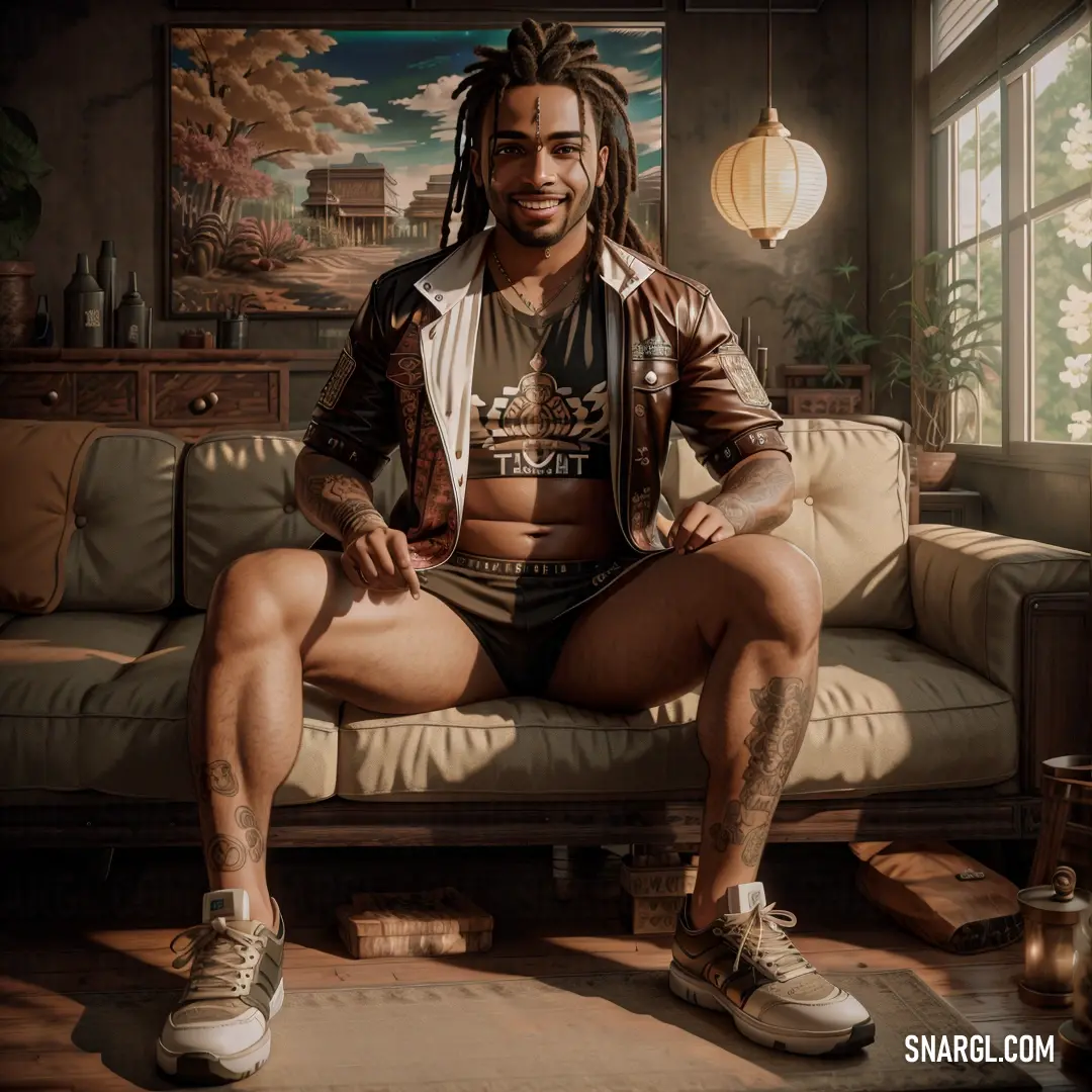 Man with dreadlocks on a couch in a living room with a painting behind him