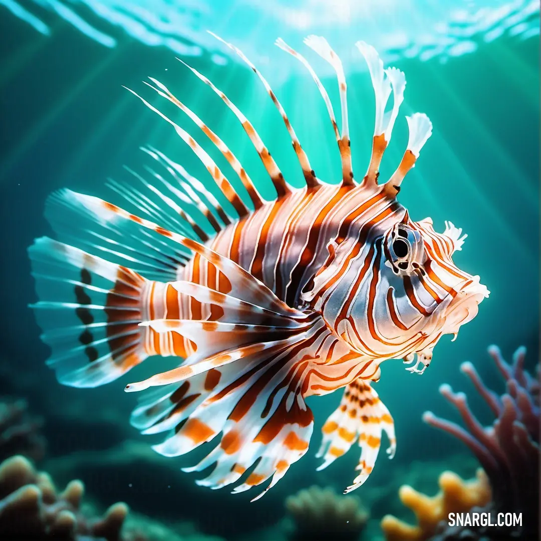 A graceful lionfish swims effortlessly through the ocean, with colorful corals and seaweed providing a picturesque backdrop, capturing the beauty of marine life. A lionfish glides through the ocean, surrounded by vibrant corals and swaying seaweed, with the crystal-clear water creating a stunning backdrop for its graceful movement.