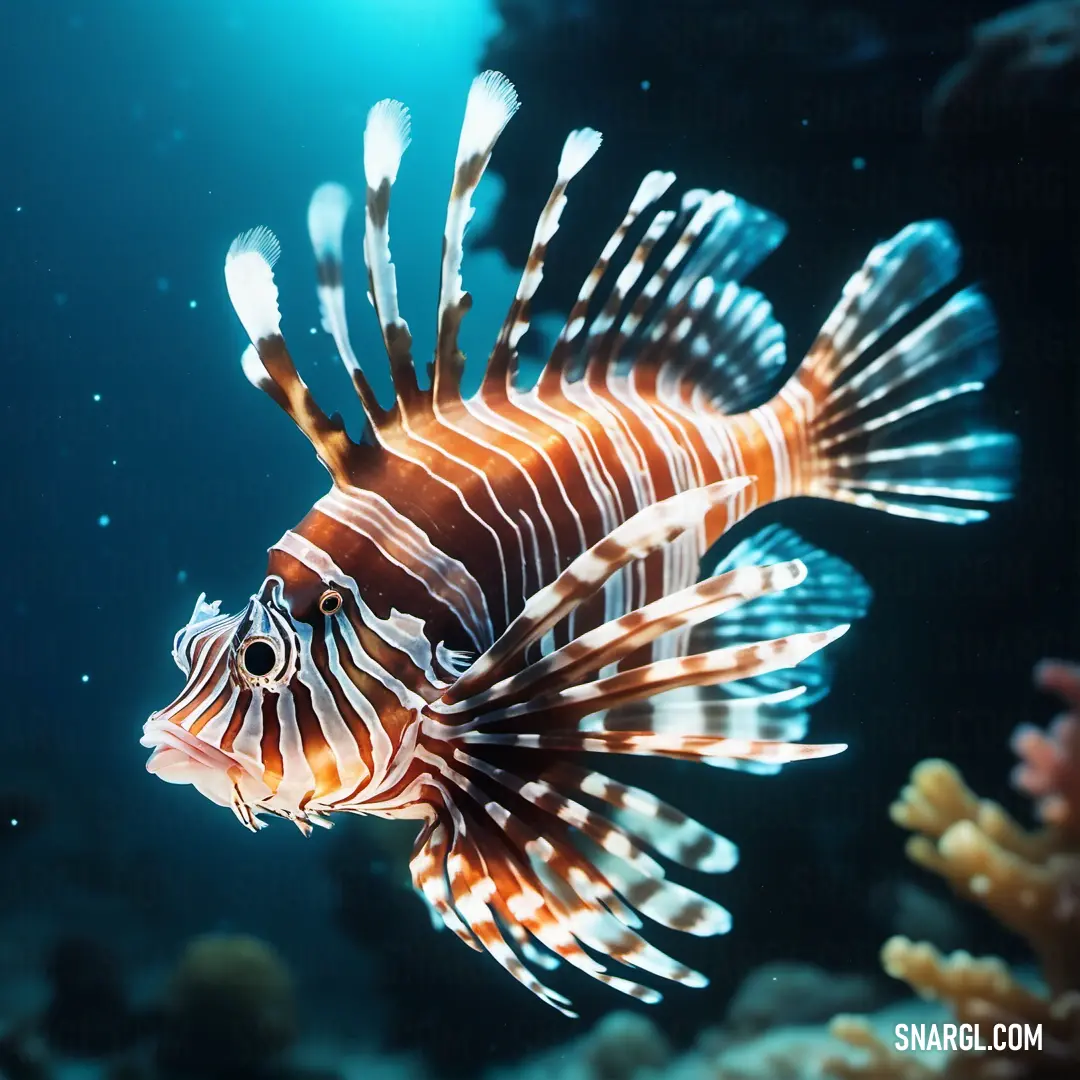 A lionfish swims alone in the ocean, its flowing fins and vibrant colors standing out against the deep blue waters, showcasing the elegance of this magnificent fish in its natural habitat.