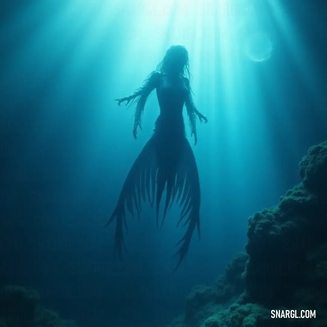 An enchanting figure underwater, holding a shimmering fish tail under the light of a full moon. An elegant figure draped in a flowing dress stands underwater, gripping a shimmering fish tail. The soft glow of a full moon illuminates the scene, casting an enchanting light and creating a dreamlike ambiance.