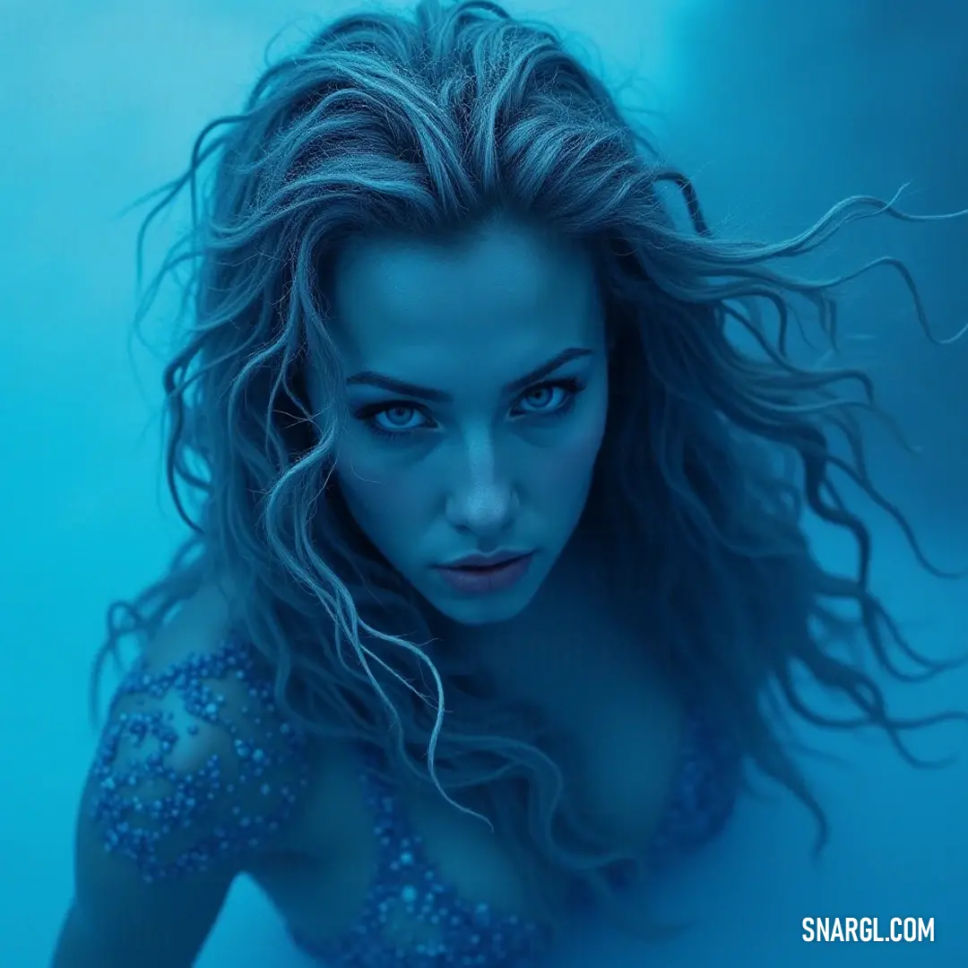 A tranquil figure with cascading hair, captured in a moment of grace by the water's edge. A serene figure with long, flowing hair poses gracefully in the shimmering water, as gentle gusts catch her locks, creating an ethereal scene. Sunlight glimmers on the surface, casting a magical glow.