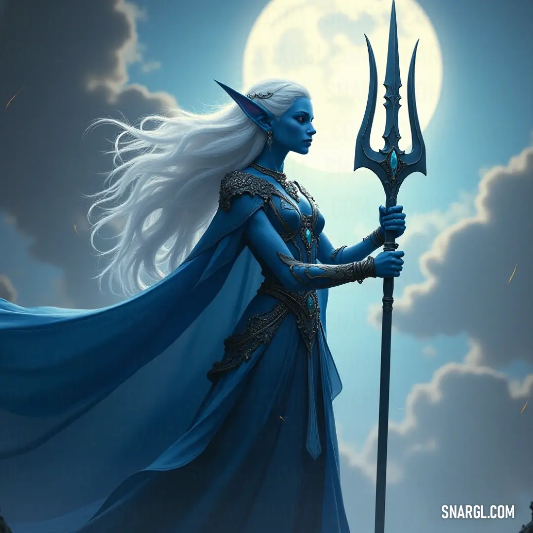 A striking figure in deep blue silhouette holds a gigantic scepter and a shimmering sword against the backdrop of a luminous full moon, emanating an aura of mystery and power in the night.
