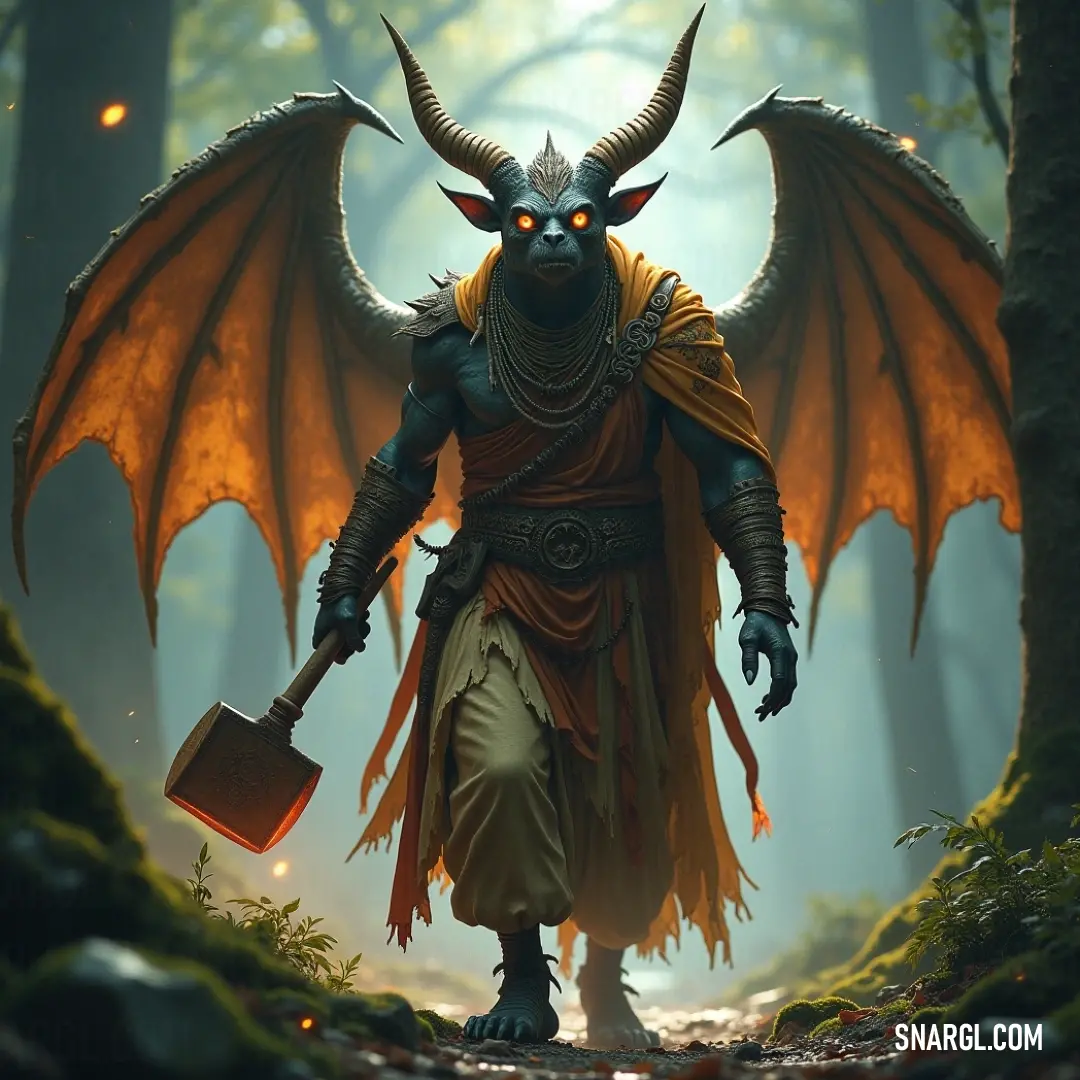 A towering Lithic Fiend with horns holds a shovel, exuding a fiery energy in a magical forest cloaked in mystery. In a mystical forest, the Lithic Fiend towers with a large, horned head and a menacing shovel, exhaling a fiery red fireball, embodying the blend of menace and enchantment in the woodland.