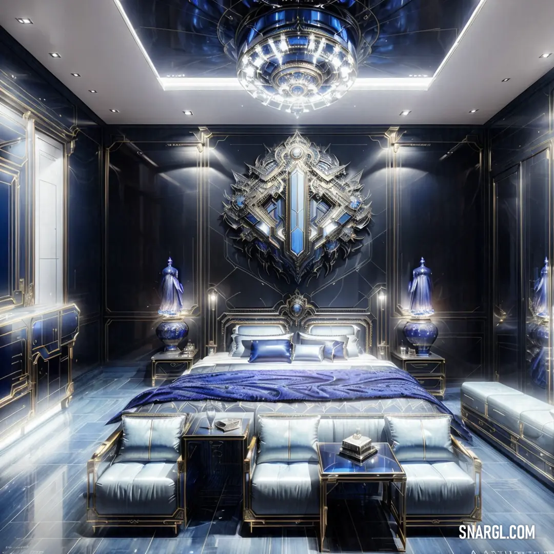 Bedroom with a large bed and a mirror on the wall above it and a couch and ottomans
