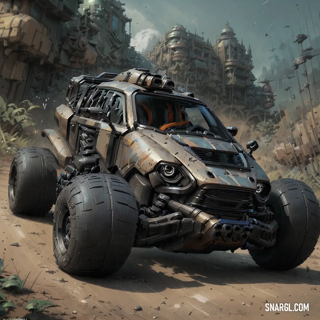 Futuristic vehicle driving down a dirt road in a futuristic city with a futuristic looking building in the background